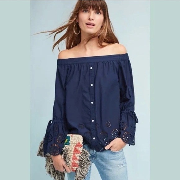 Anthropologie Tops - Anthropologie Isabella Sinclair Navy Blue Off the Shoulder Eyelet Blouse